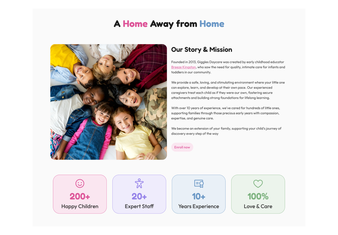 Giggles visual design — A Home Away from Home section showing Our Story and Mission with a photo of happy children and trust statistics